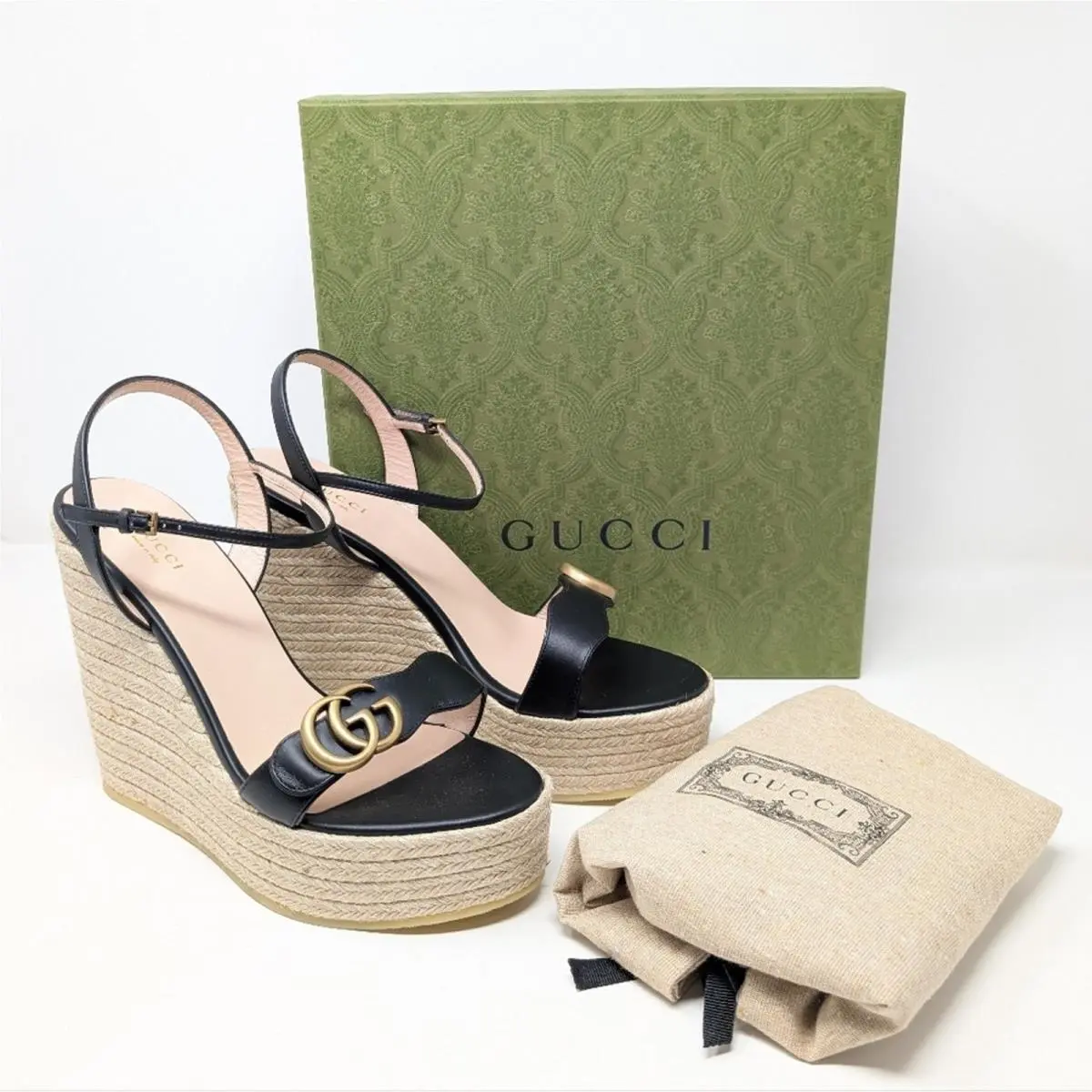 Aitana GG Marmont Black Wedge Platform Espadrille Sandals Size 42 by Gucci