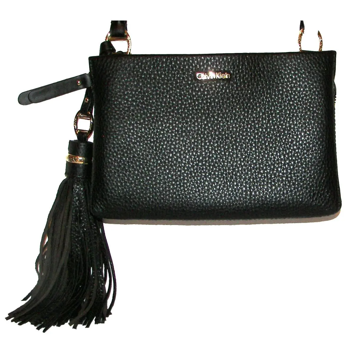 Calvin Klein Black Leather Tassel Purse Crossbody Shoulder Bag