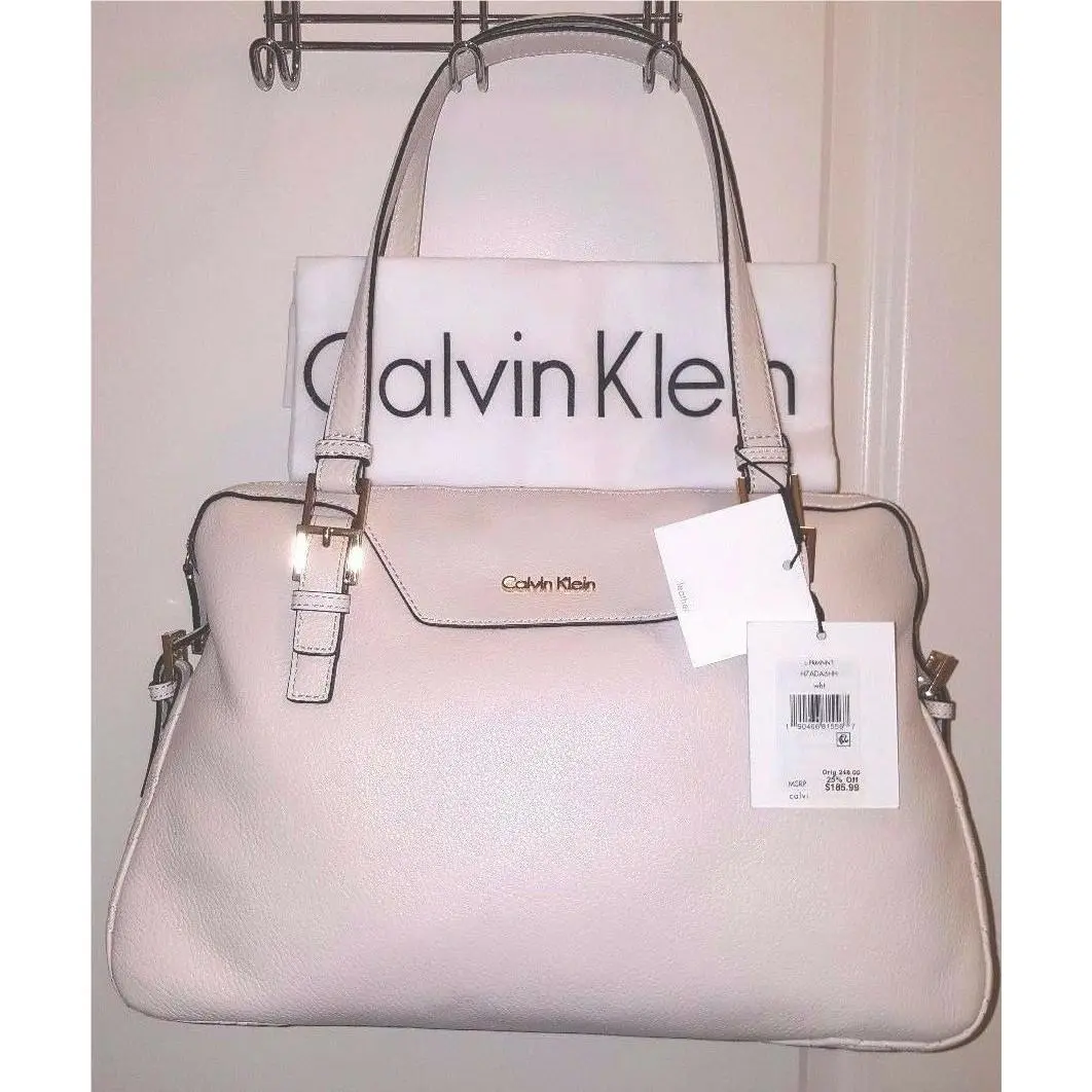 L-prmnnt H7ADA6HH White Leather Caryall LG Satchel wt Dust Bag by Calvin Klein
