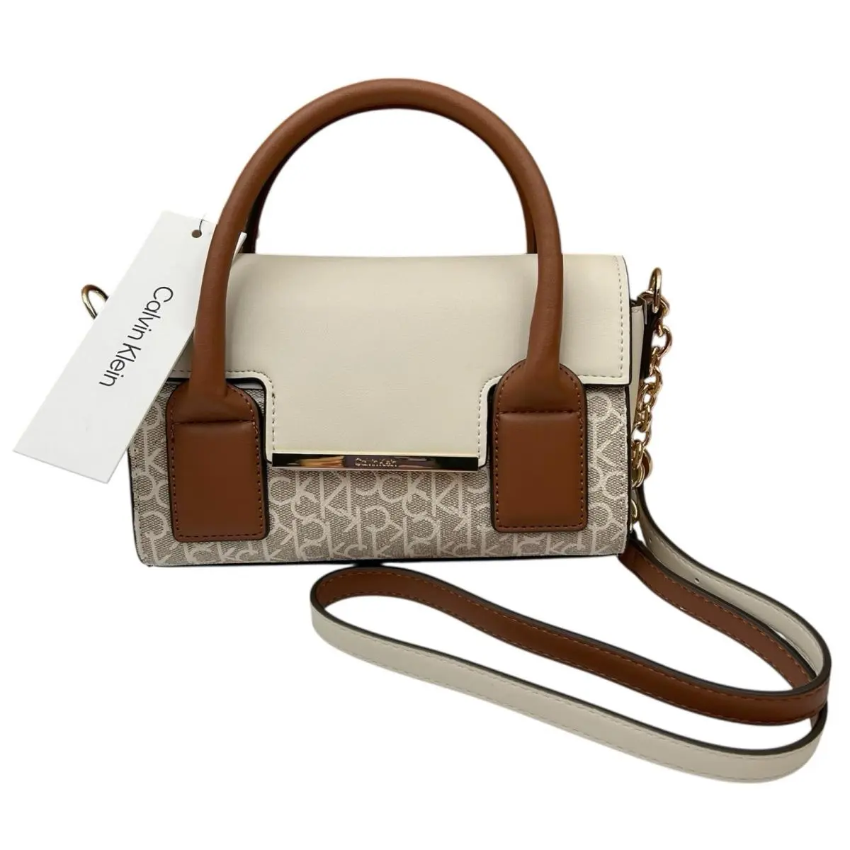 Calvin Klein Sky Signature Chic Crossbody Beige Brown Color-blocked Chain Strap