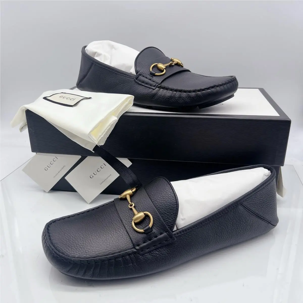 Gucci Hebron Horsebit Mens Driver Loafer Shoes Black Leather UK 9 US 9.5