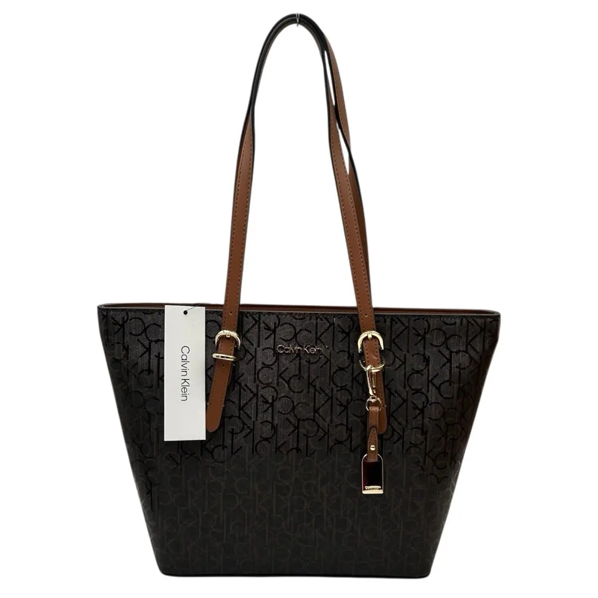Calvin Klein Serafina Signature Tote Handbag Brown Jacquard Print 15.5x10.5x4.5