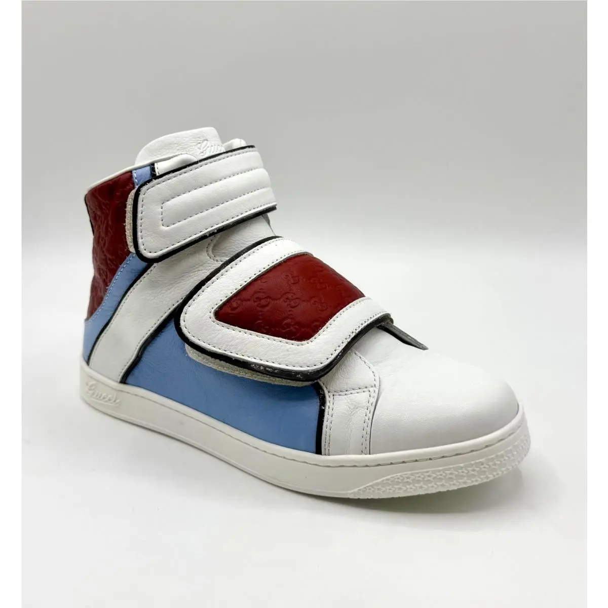 Gucci Kids White Blue Leather Coda Pop High-top Sneaker 31/US 13 301354 9096