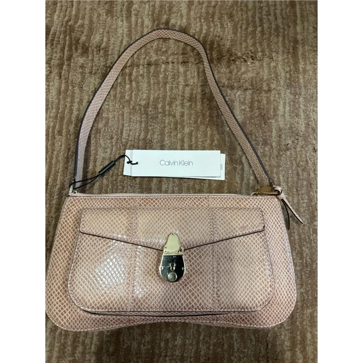Calvin Klein Shoulder Baguette Bag Pink Snakeskin Print Designer Purse