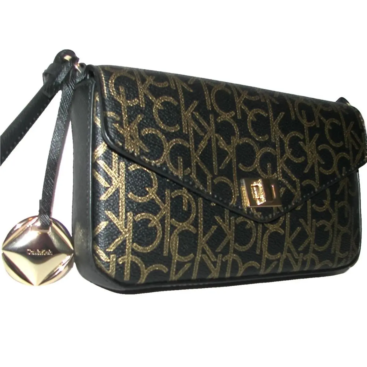 Calvin Klein Monogram Black/gold Leather Clutch Purse Cross Body