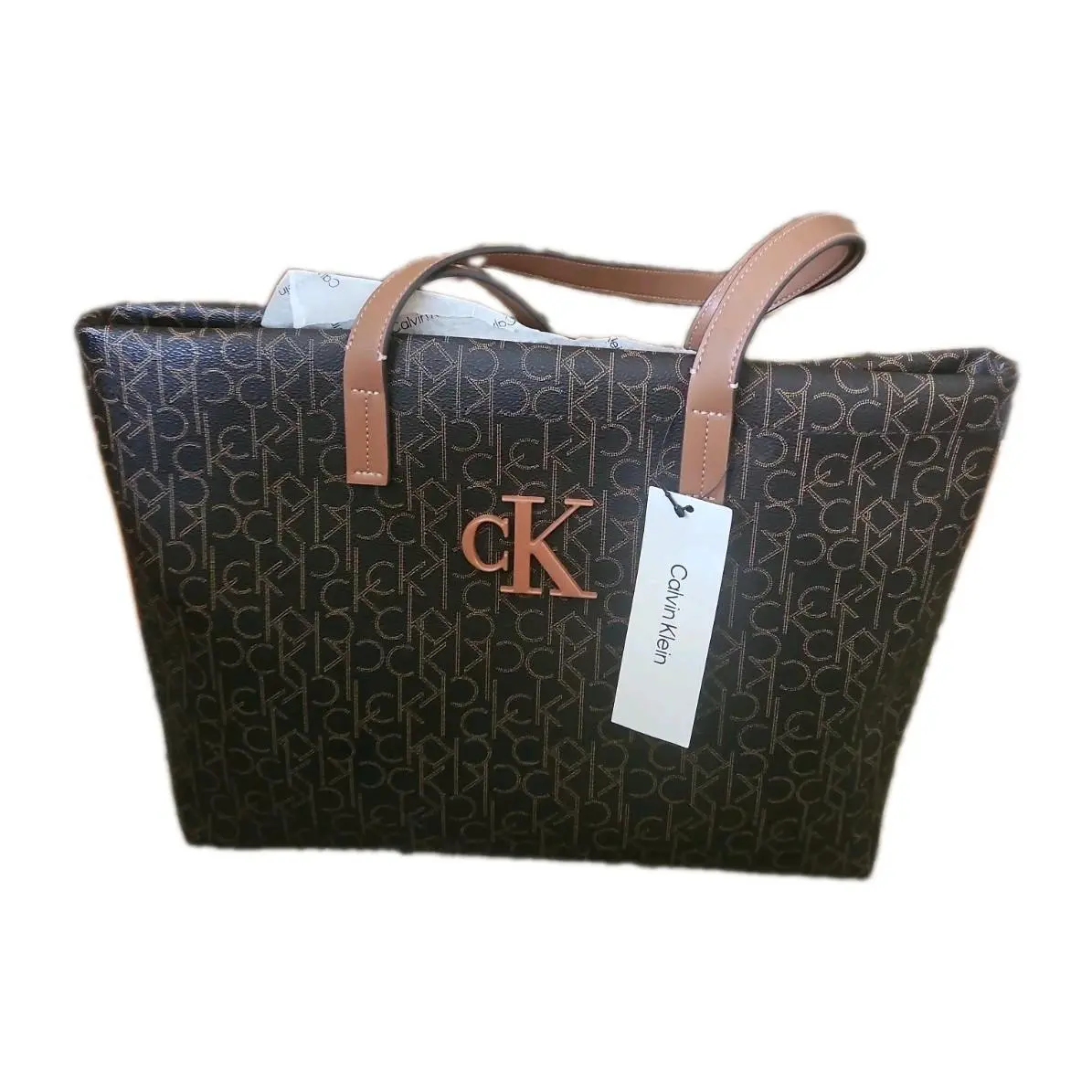 Calvin Klein Signature Tote Bag Brown Logo 16.5x11.5x6in Handbag