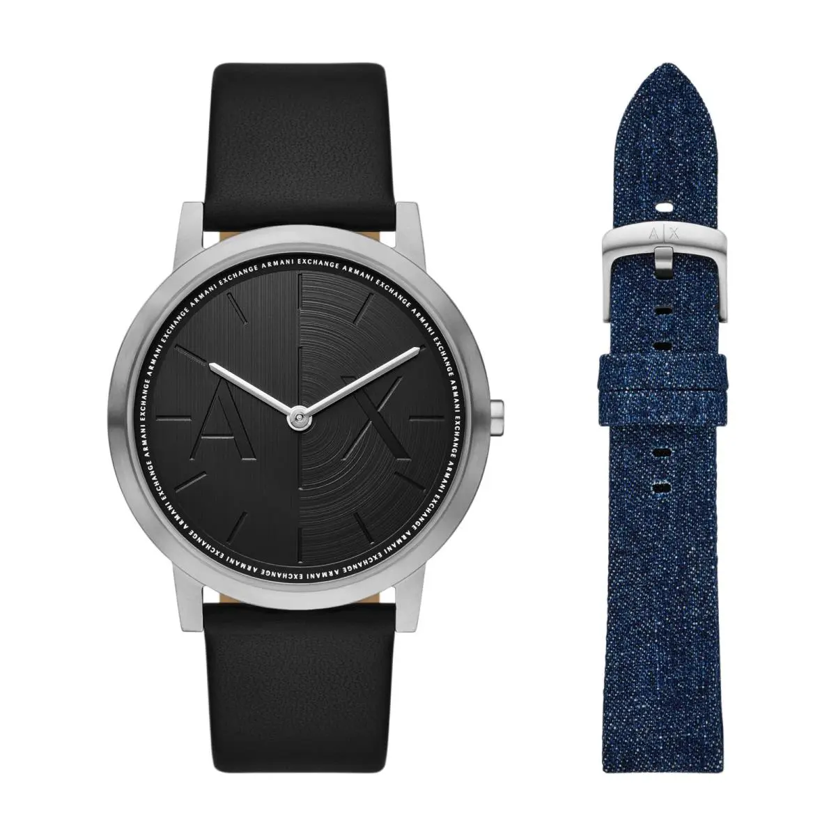 Armani Exchange Mens Two Hand Black Leather Watch and Denim Strap Gift Set AX7