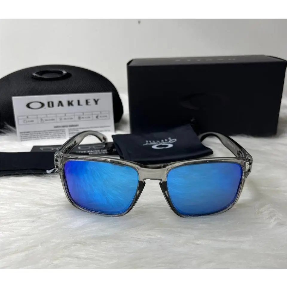 Oakley Holbrook Grey Smoke Clear Frame Blue Mirror Polarized Lens Sunglasses