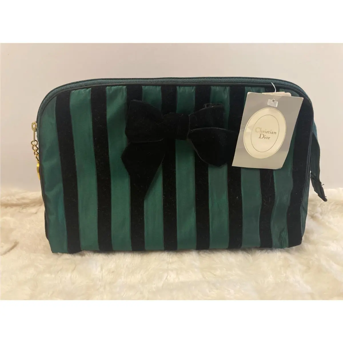 Vtg Deadstock Christian Dior Green Black Velvet Stripe Bow Cosmetic Makeup Bag