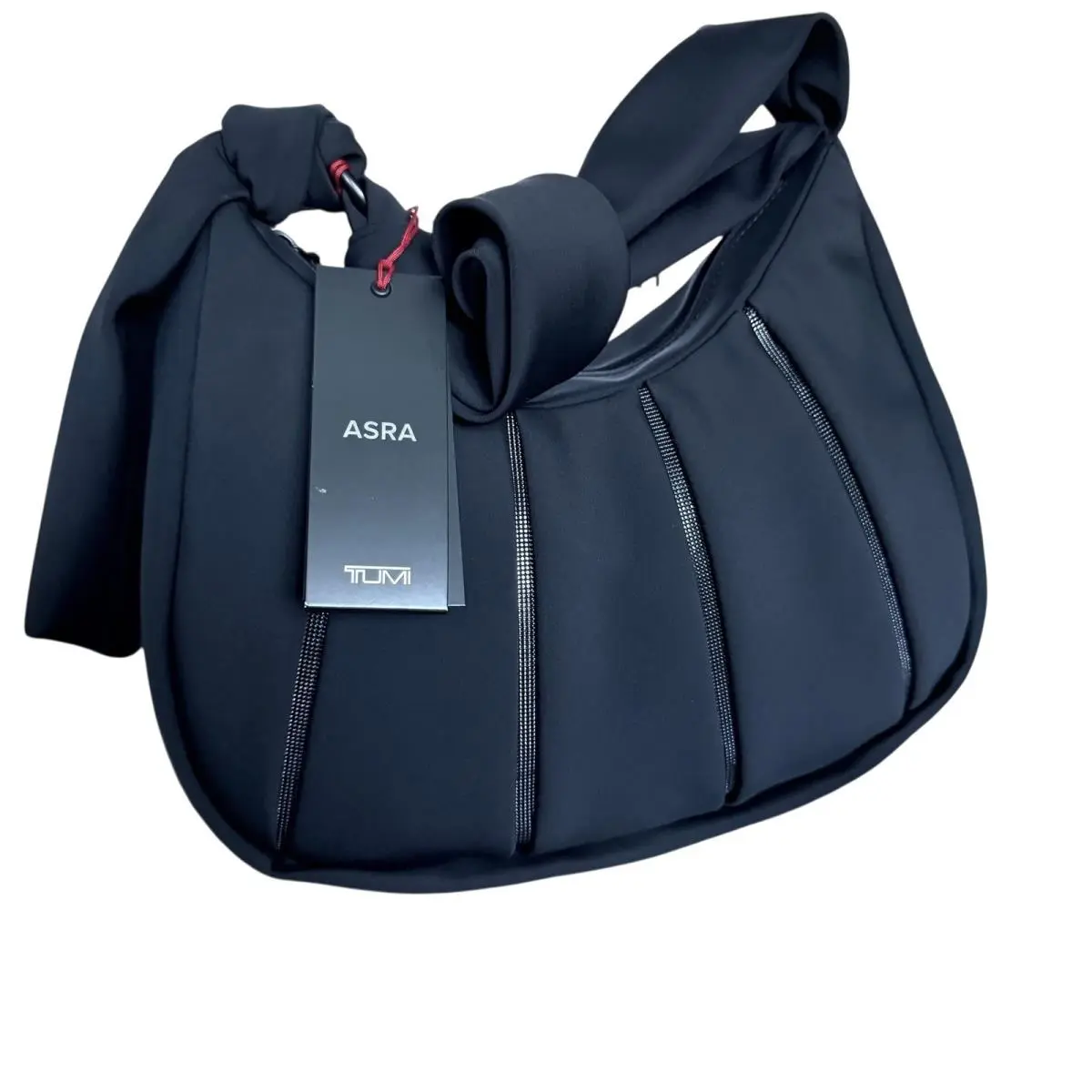 Tumi Asra Small Hobo Bag Black Nylon Pleated Knotted Shoulder Strap Handbag