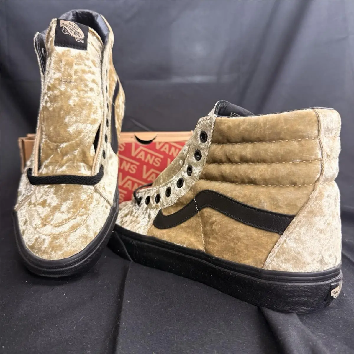 Vans Sk8-Hi Velvet Tan Gold High Top Black Gum Sneaker Womens 10.5 Men’s 9