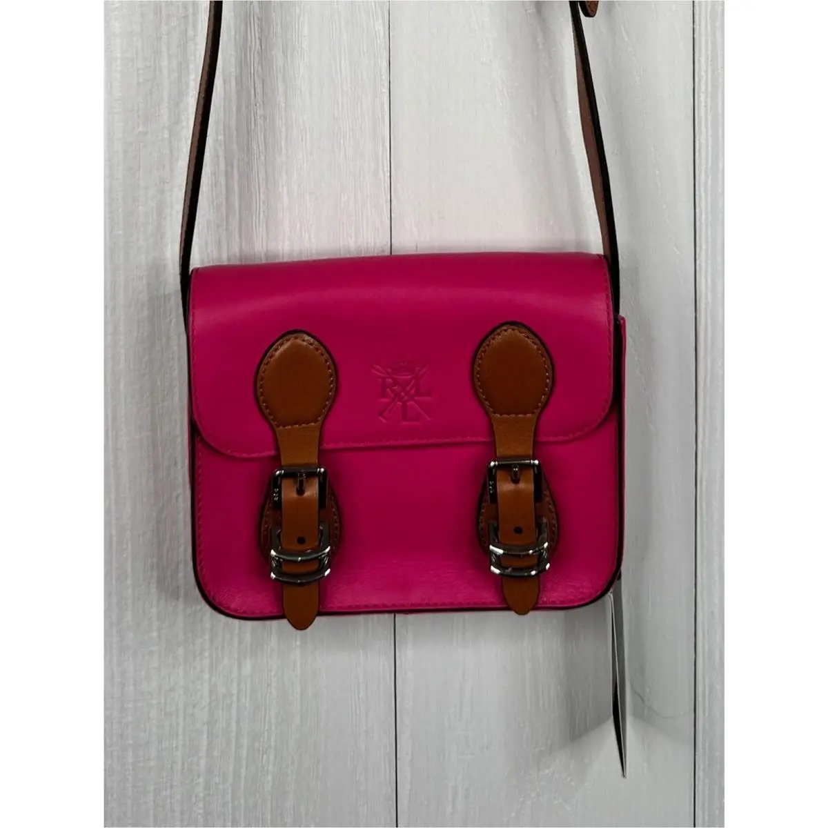 Lauren Ralph Lauren Pink Monogram Logo Crossbody Bag Purse Small Leather