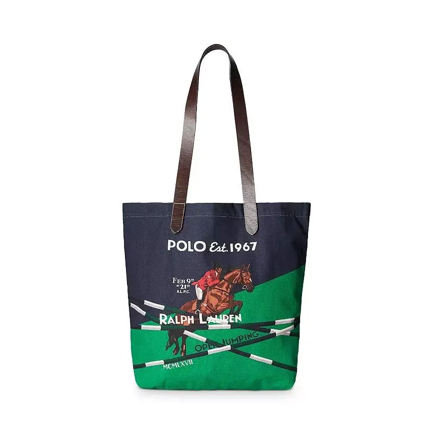 Polo Ralph Lauren X1912 Blue Green Cotton/leather Polo Horse Tote One Size