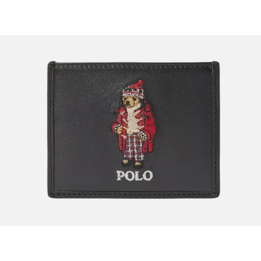 Polo Ralph Lauren Black Leather Duffel Coat Holiday Bear Card Case Wallet