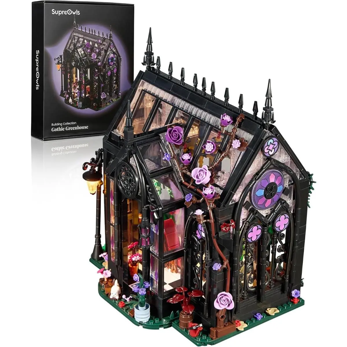 1378-Piece Stained Glass Gothic Greenhouse Kit with Illuminating Led Lights