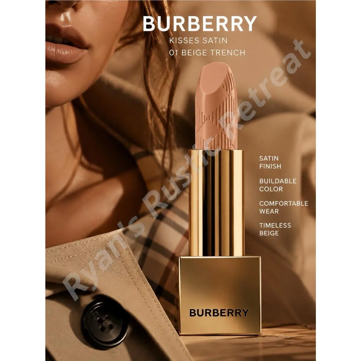 Burberry Kisses Satin Lipstick 01 Beige Trench 3.3g/ 0.11 oz Full Size