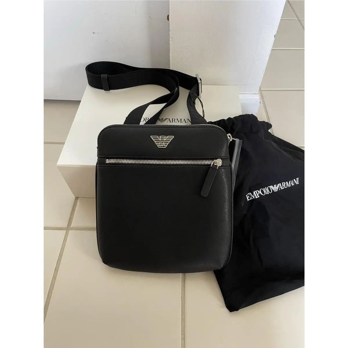 Emporio Armani Small Flat Zipper Messenger Flap Bag Mens Black Crossbody