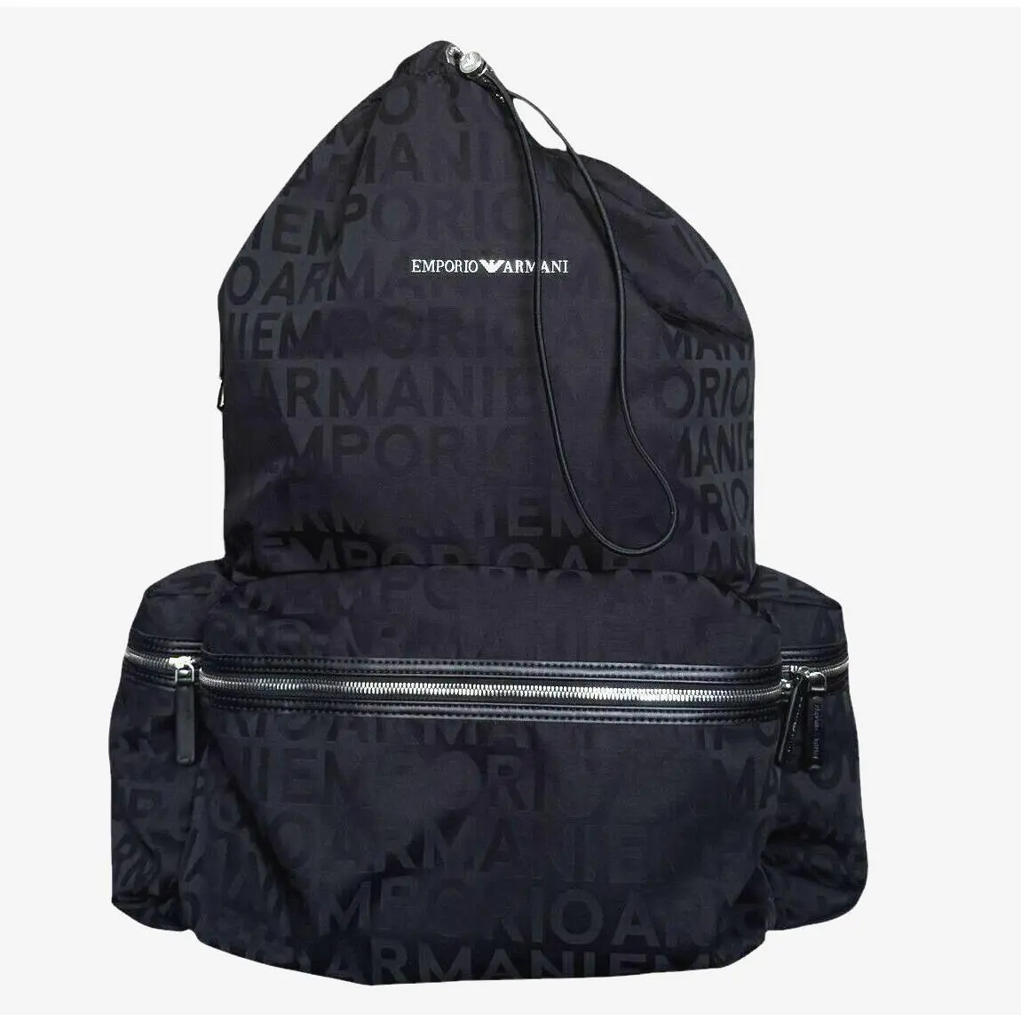 Emporio Armani Black Nylon Oversized Drawstring Logo Signature Backpack