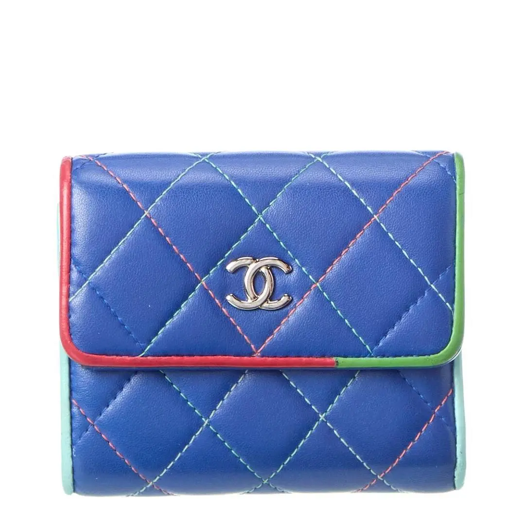 Chanel Blue Multi Quilted Lambskin Leather Compact Wallet Pre-loved