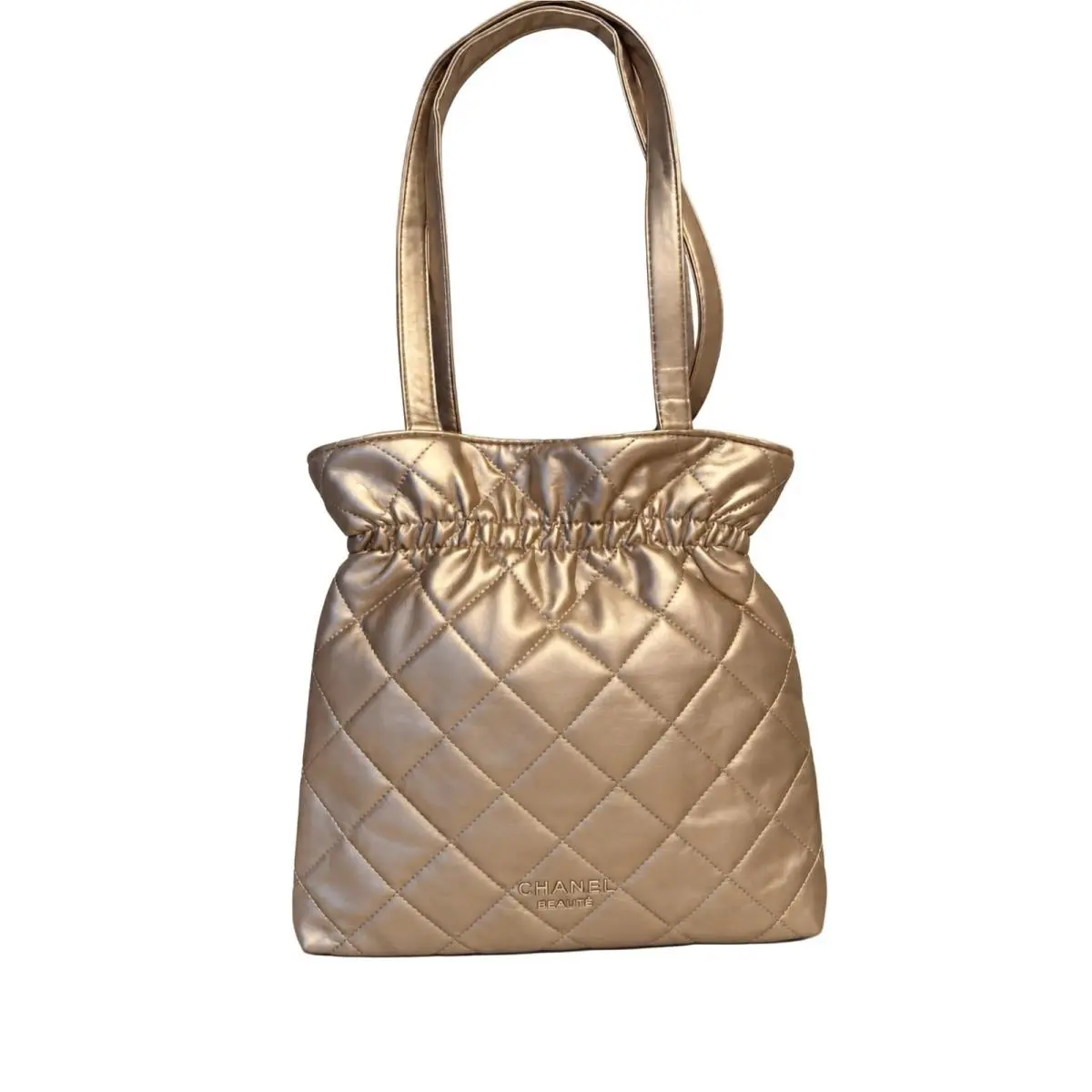 Chanel Beautẽ Vip Gold Quilted Shoulder Tote Bag 11”x11” Magnetic Snap