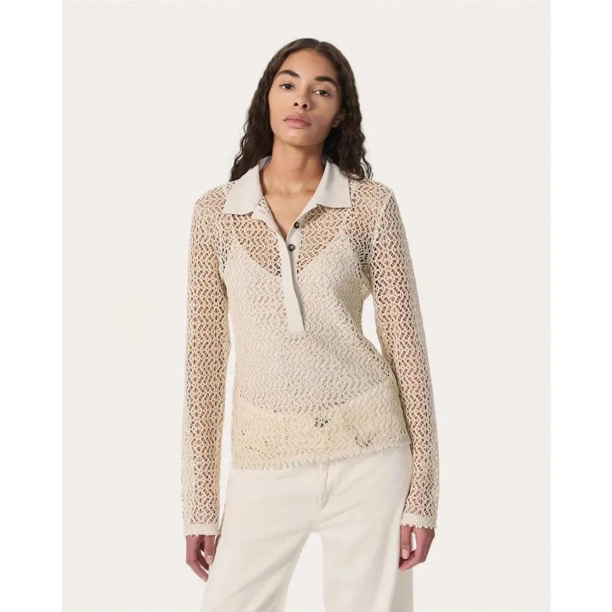 Rag Bone Liv Mesh Crochet Long Sleeve Polo Shirt Womens XS Beige