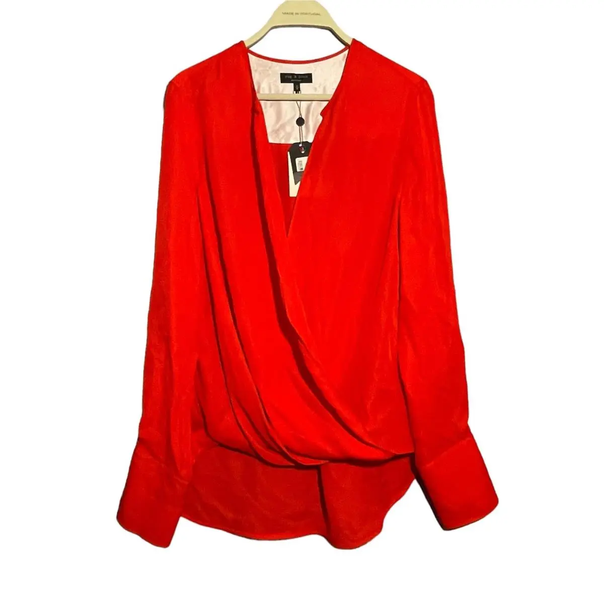 Rag Bone Blouse Top Fiery Red Silk Women Size M Vneck Elegant Wrap Drape Modern