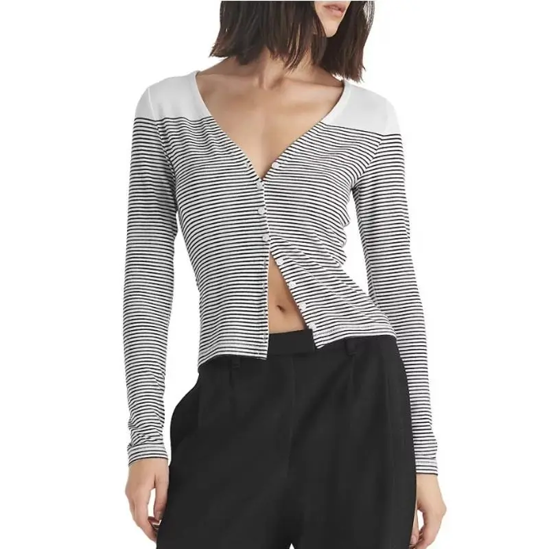 Rag Bone Womens Small Fine Knit Stripe Vee Cardigan Sweater White Black