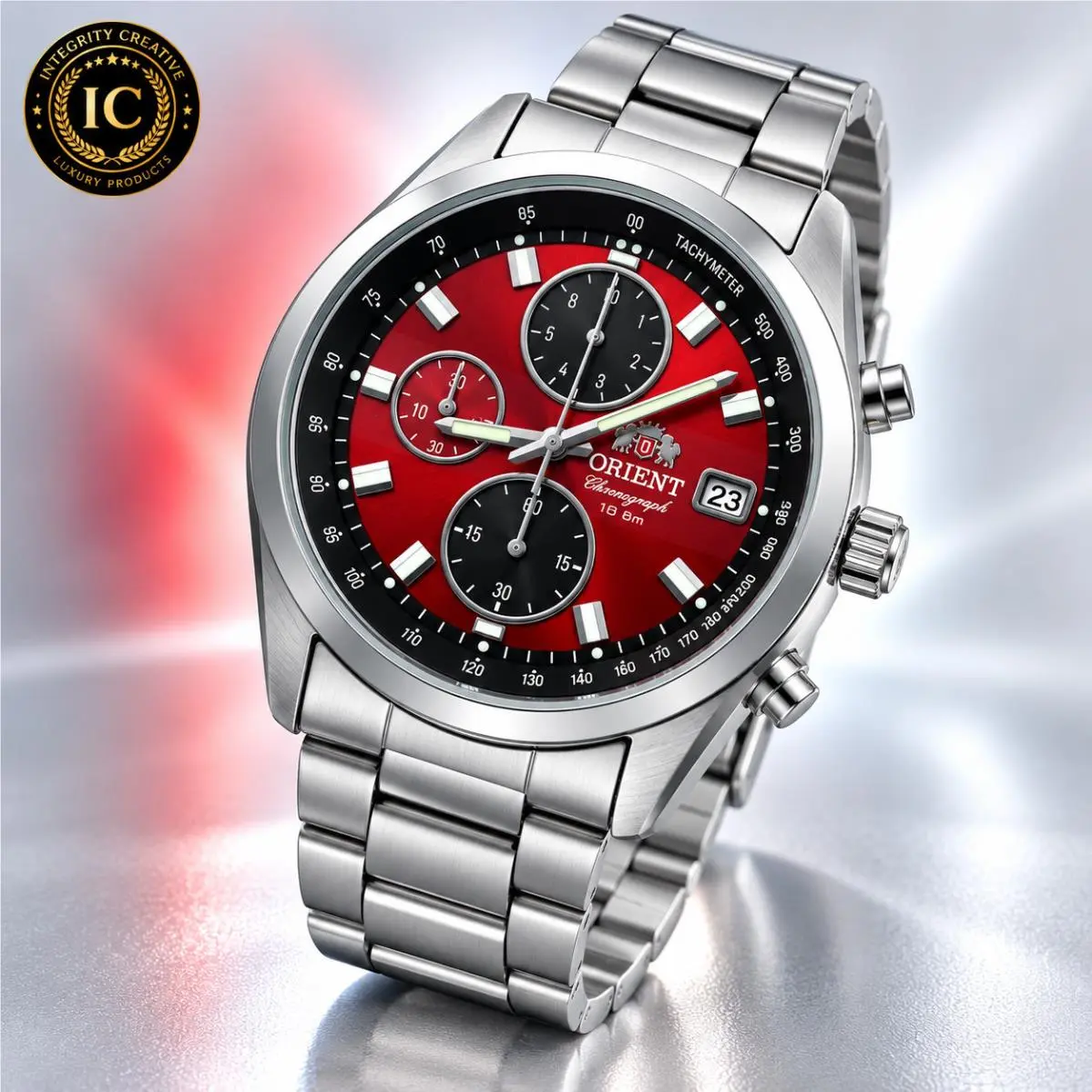 Orient Mens 42mm Quartz Tachymeter Chronograph Watch Silver Steel Red Dial Wristwatch