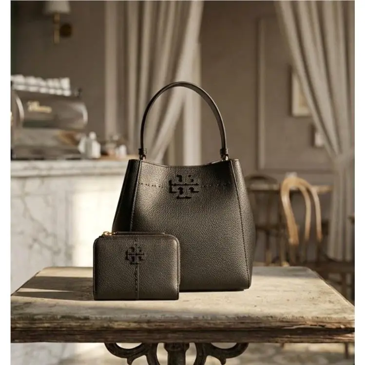 Tory Burch Mcgraw Black Leather Small Bucket Tote/crossbody Bag + Bi-fold Wallet