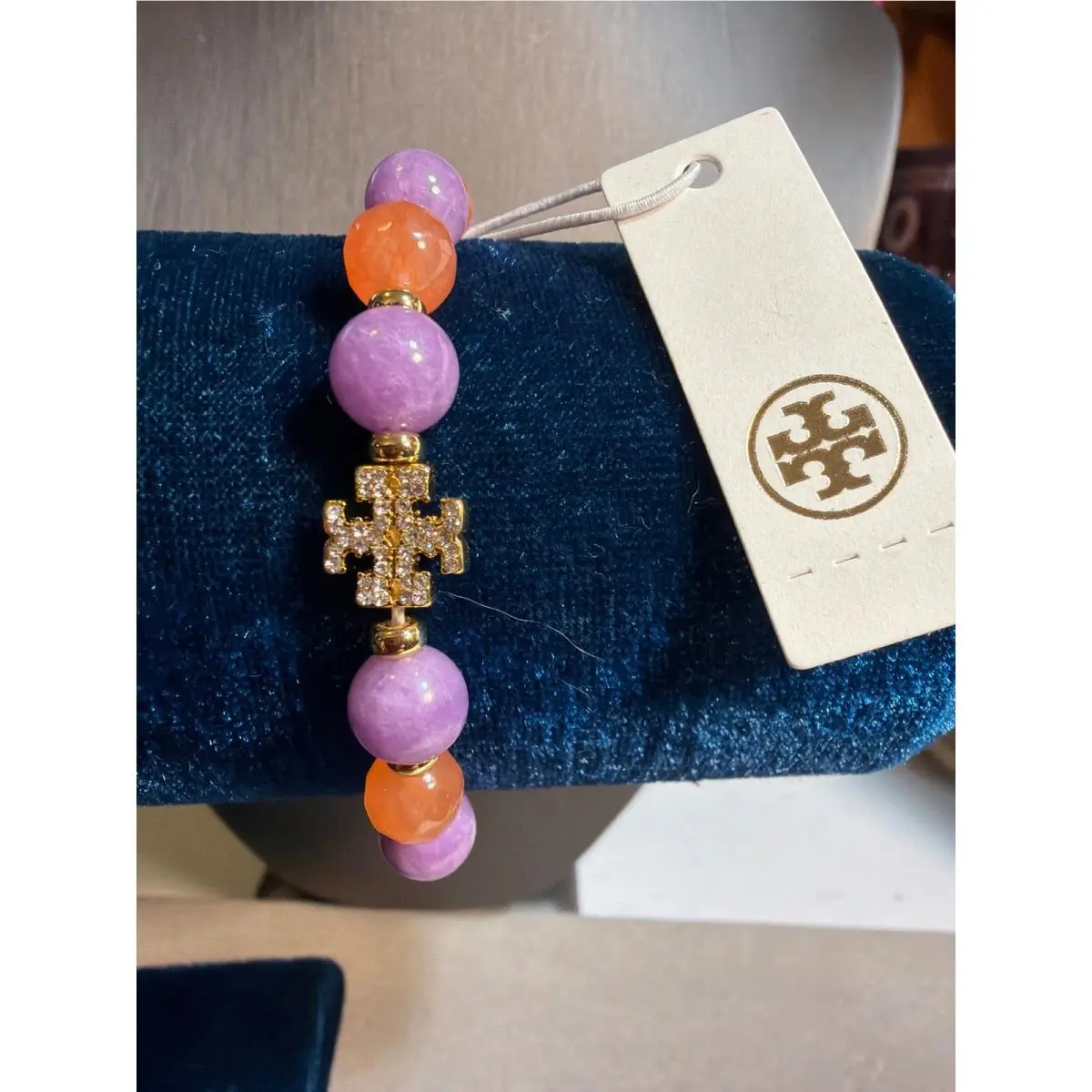 Tory Burch Gold Logo Beaded Stretch Bracelet Purple Orange 16–19cm Rare