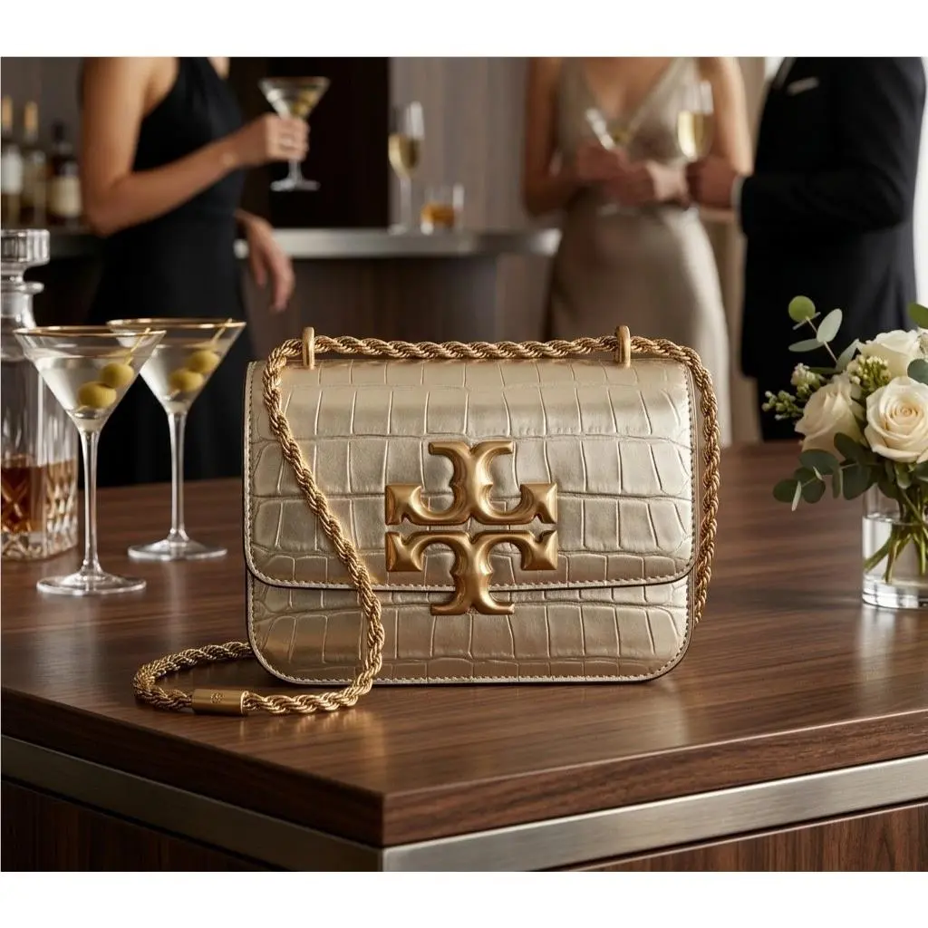 Nwd Tory Burch Eleanor Champagne Embossed Leather Small Convertible Shoulder Bag