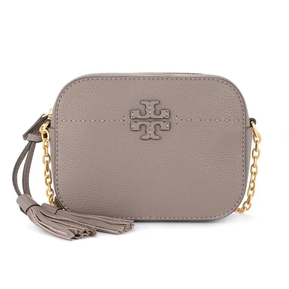 Tory Burch Mcgraw Camera Bag Silver Maple Taupe Leather Crossbody