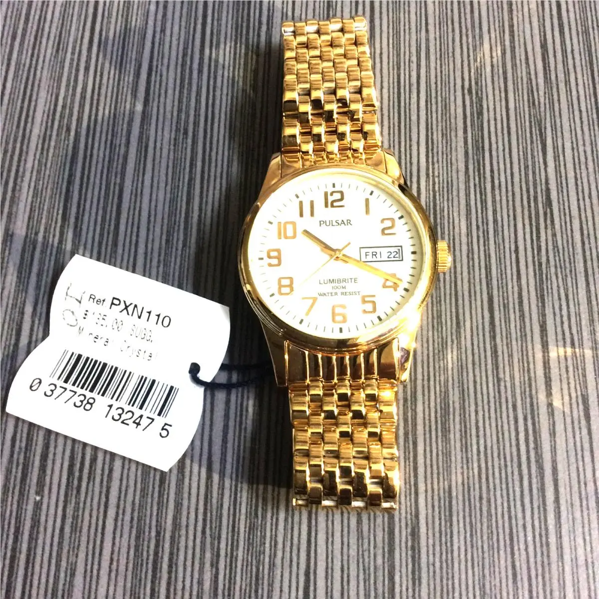 Gold Men`s Watch Round Lumibrite Glow Dial Day Date Numbered Hours by Pulsar