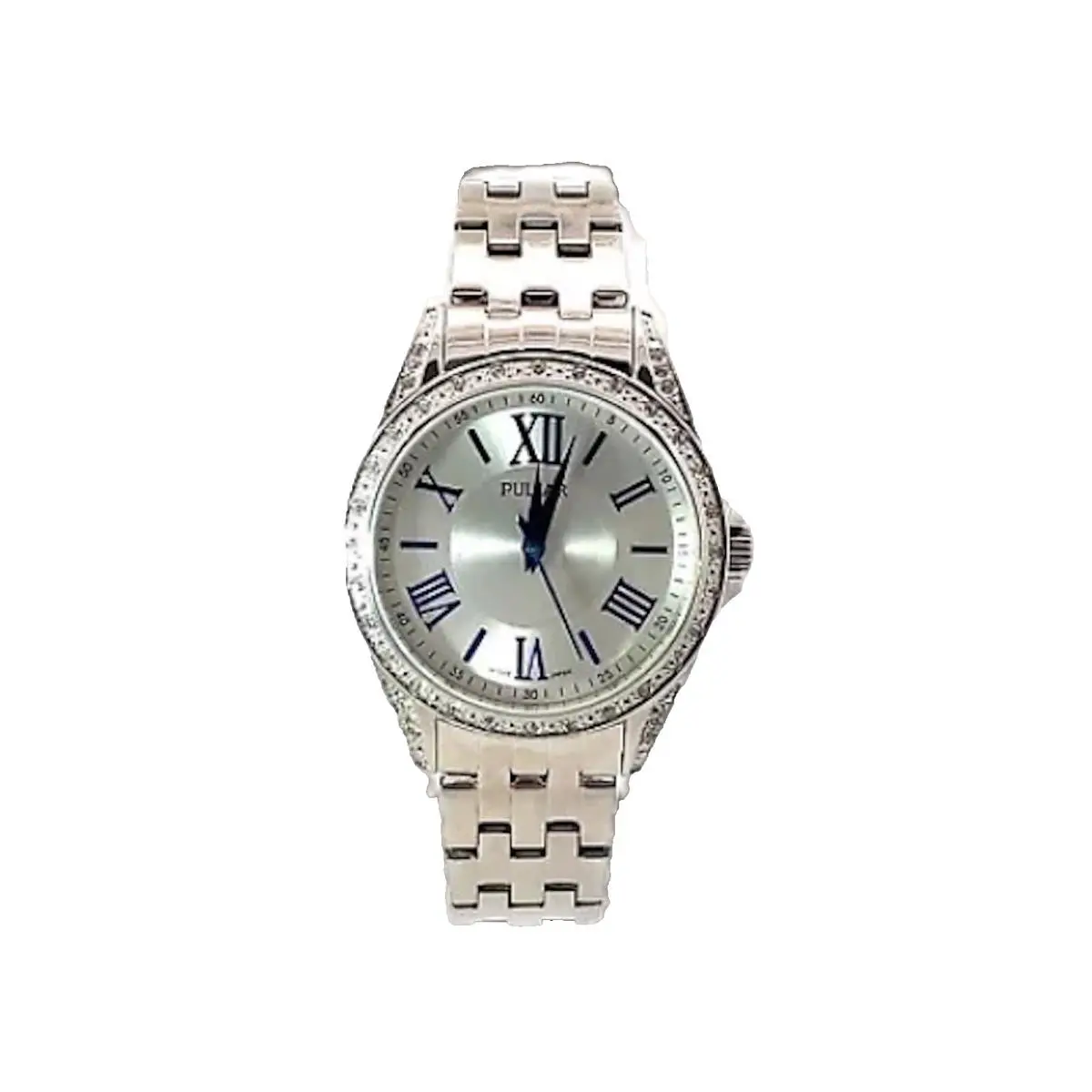 Ladies  PG2003 Crystal Gemmed Bezel Blue Accent Steel Quartz Watch + Box by Pulsar