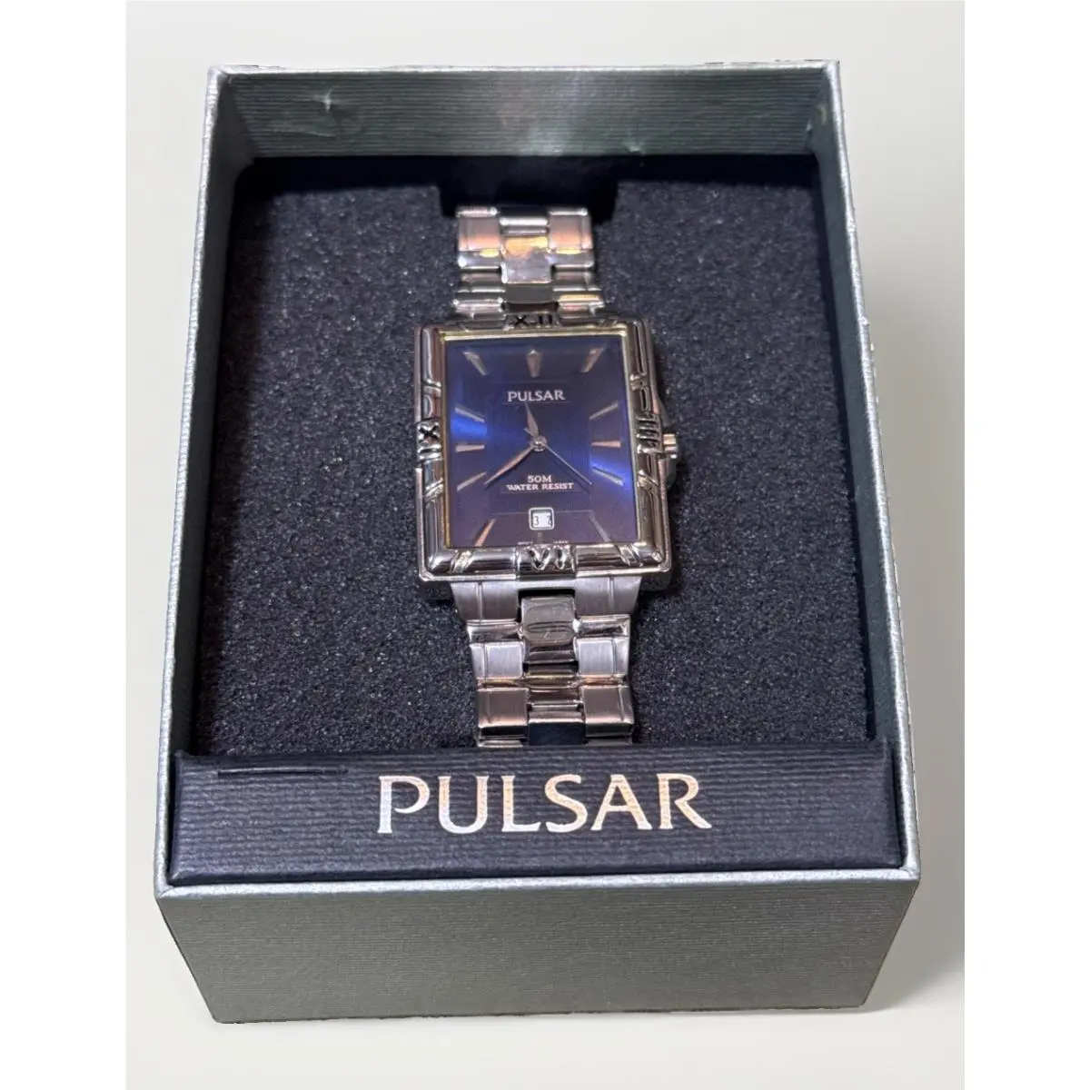 Dress Date Blue Rectangle Dial Steel Quartz Mens Watch PXH689 by Pulsar