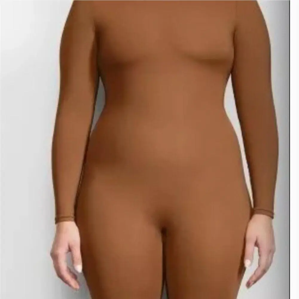 Essential Long Sleeve Bodysuit Womens 3X Caramel Brown Mock Neck Catsuit by Skims