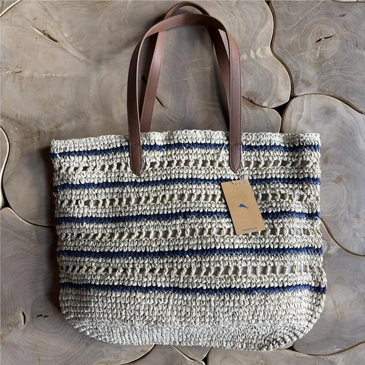 Straw Striped Tote Shoulder Bag Woven Blue Stripped Lined Pockets by Tommy Bahama