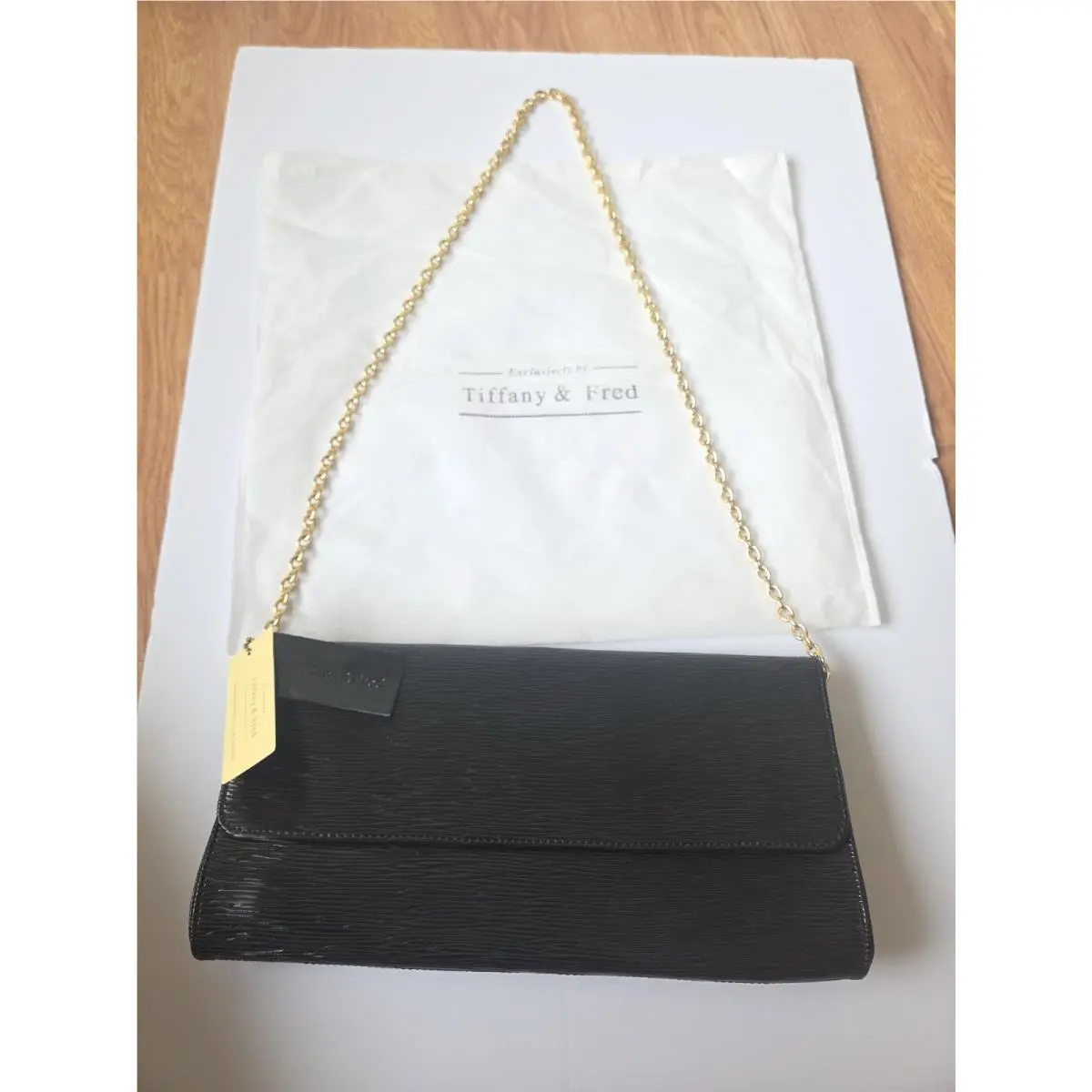 Tiffany Fred Black Clutch Purse Cowhide Leather Gold Chain Crossbody