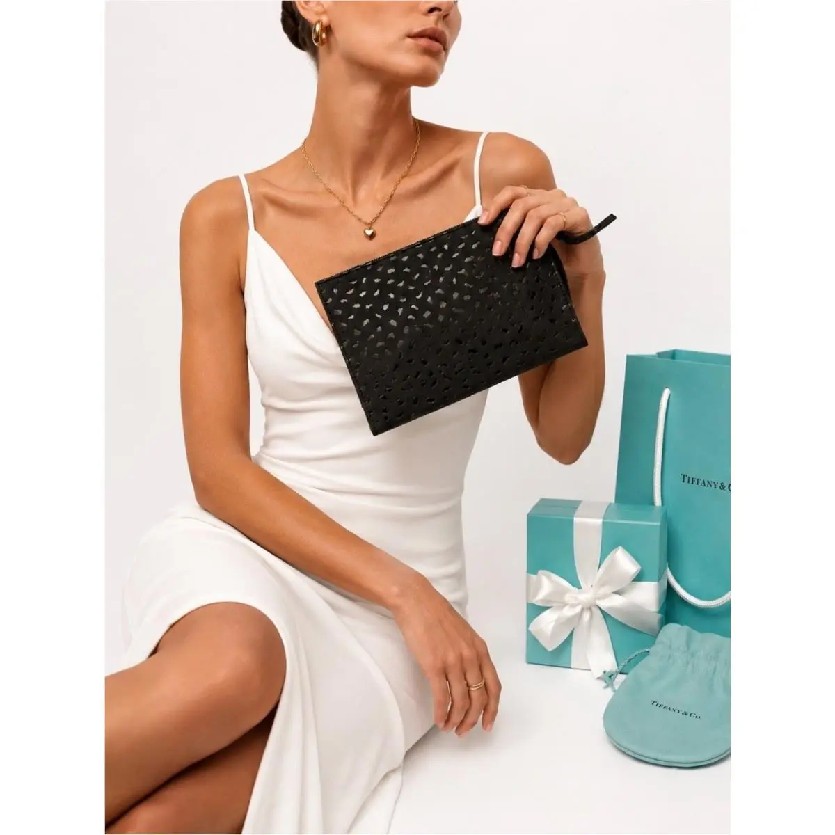 Tiffany Co Elsa Peretti Bean Clutch Cosmetic Pouch Black Leather