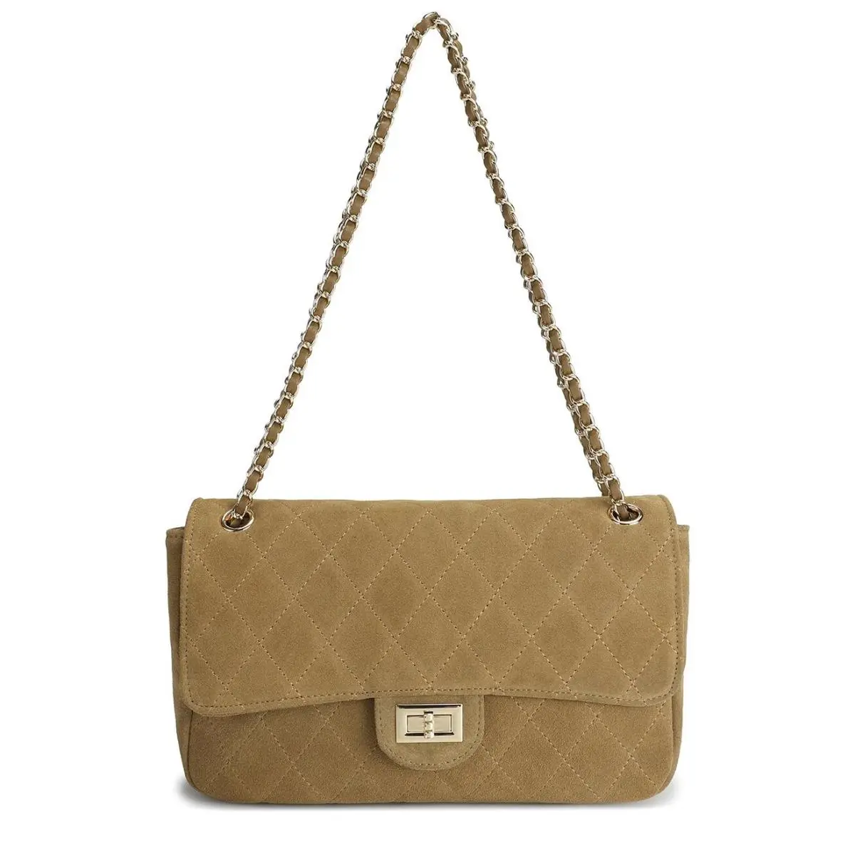 Tiffany Fred Paris Diamond Quilted Suede Shoulder Bag Camel Brown