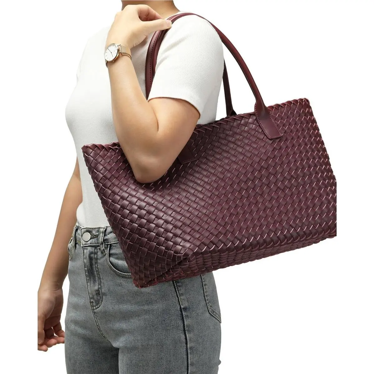 Tiffany and Fred Paris Woven Tote Bag Large Burgundy Double Handles Leather by Tiffany & Co.