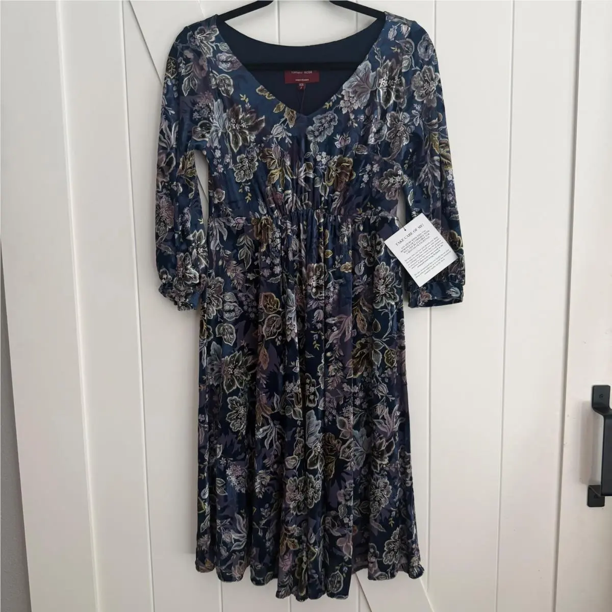 Tiffany Rose Roxie Velvet Maternity Dress Boho Blue Floral V-neck 3/4 Sleeve by Tiffany & Co.