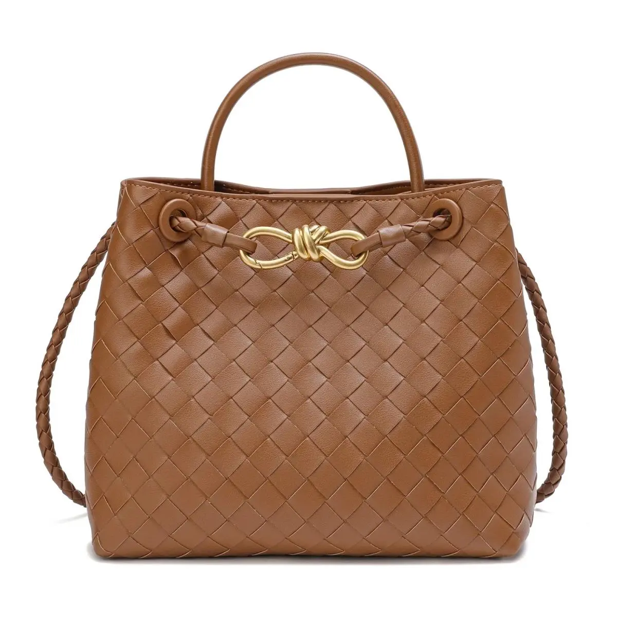 Tiffany Fred Paris Woven Leather Top Handle Crossbody Satchel Bag - Caramel