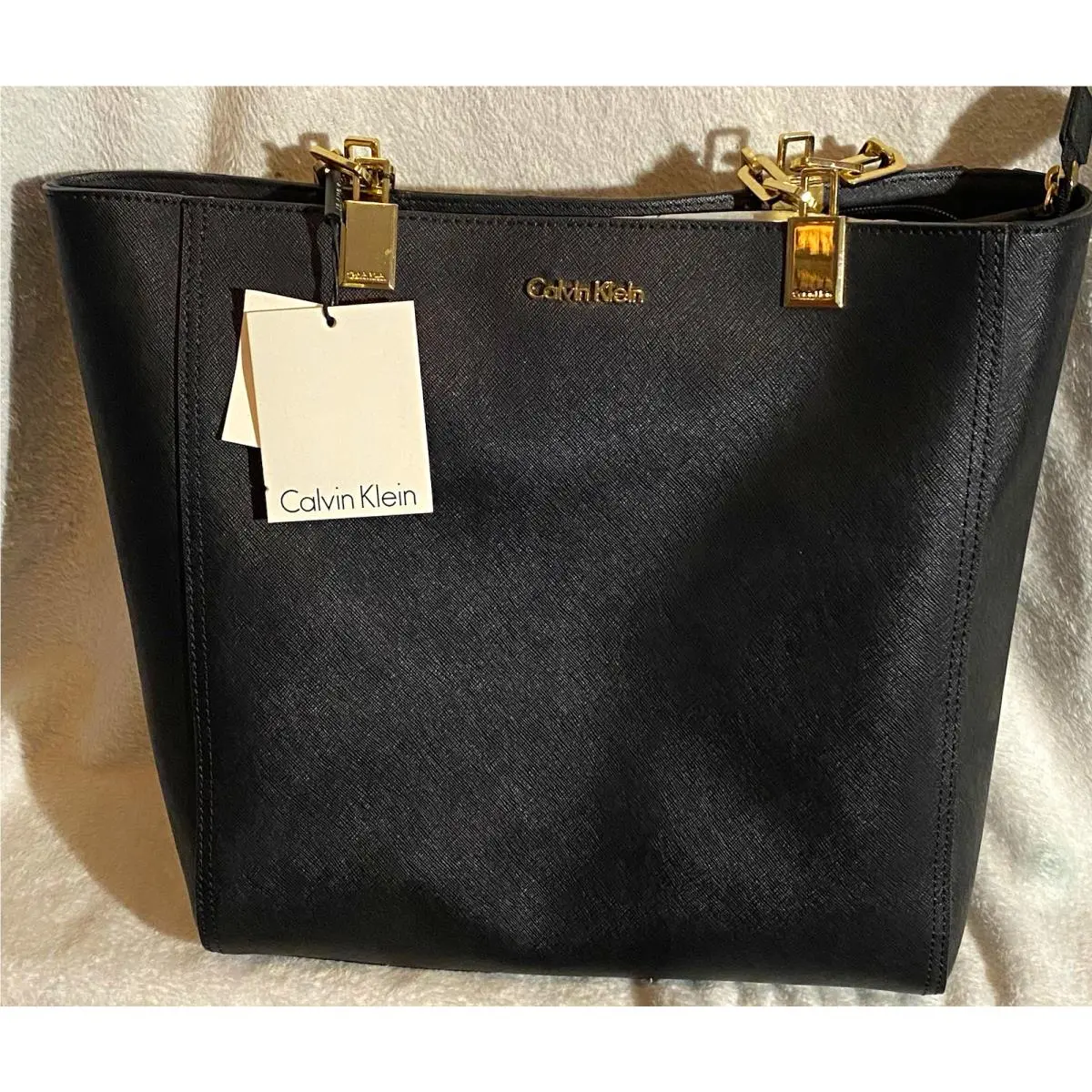 Calvin Klein Large Black Tote Handbag Zip Closure Gold Hardware Detachable Strap