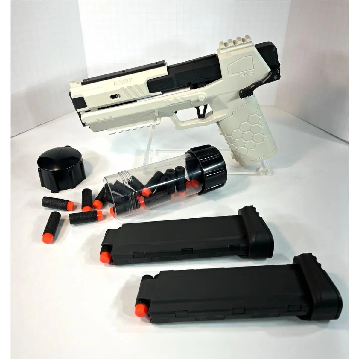Nerfty Dart Blaster Toy Pistol w/ 2 Magazines 23 Soft Foam Darts White/gray