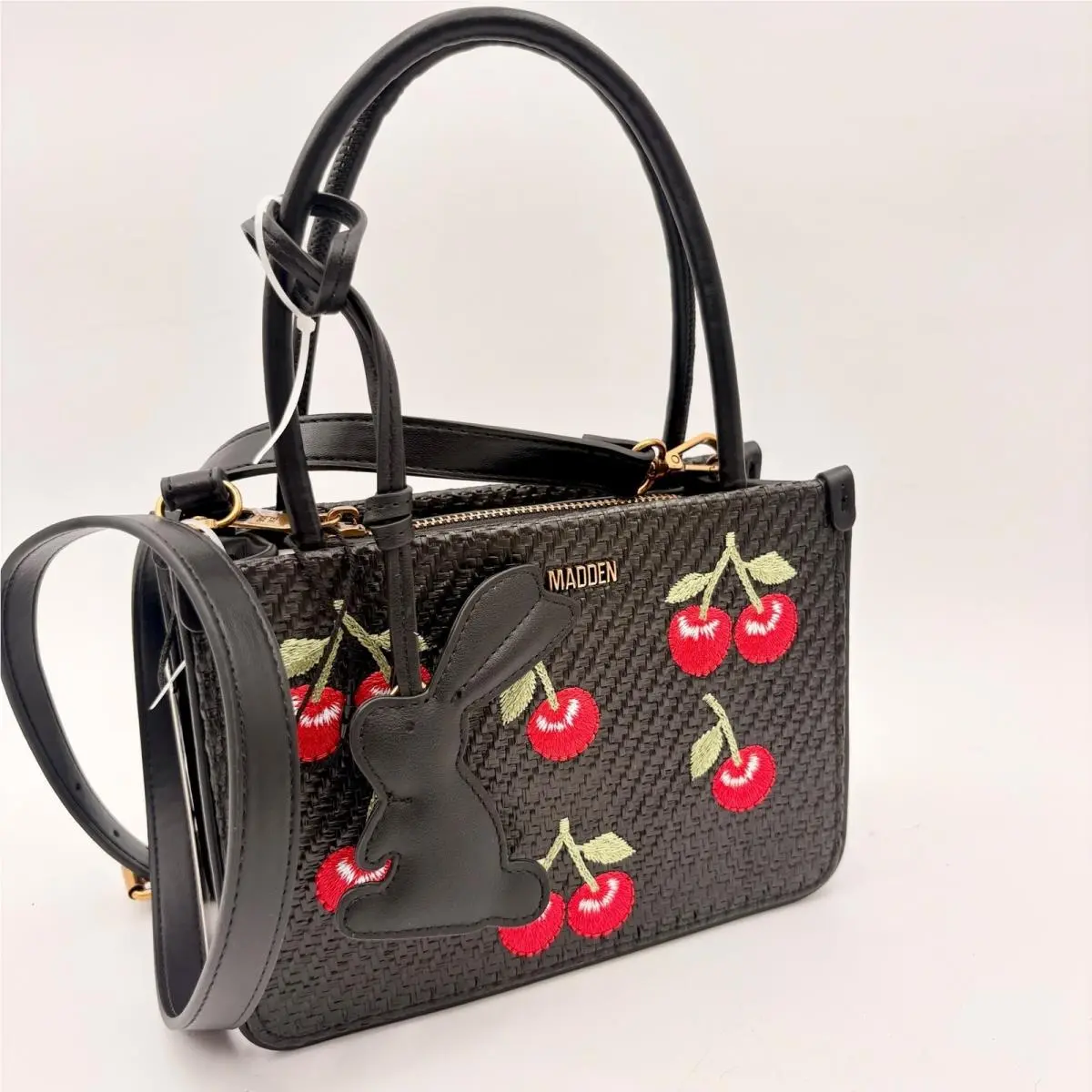 Steve Madden Bcyan Black Woven Cherry Embroidered Crossbody Satchel Bunny Charm