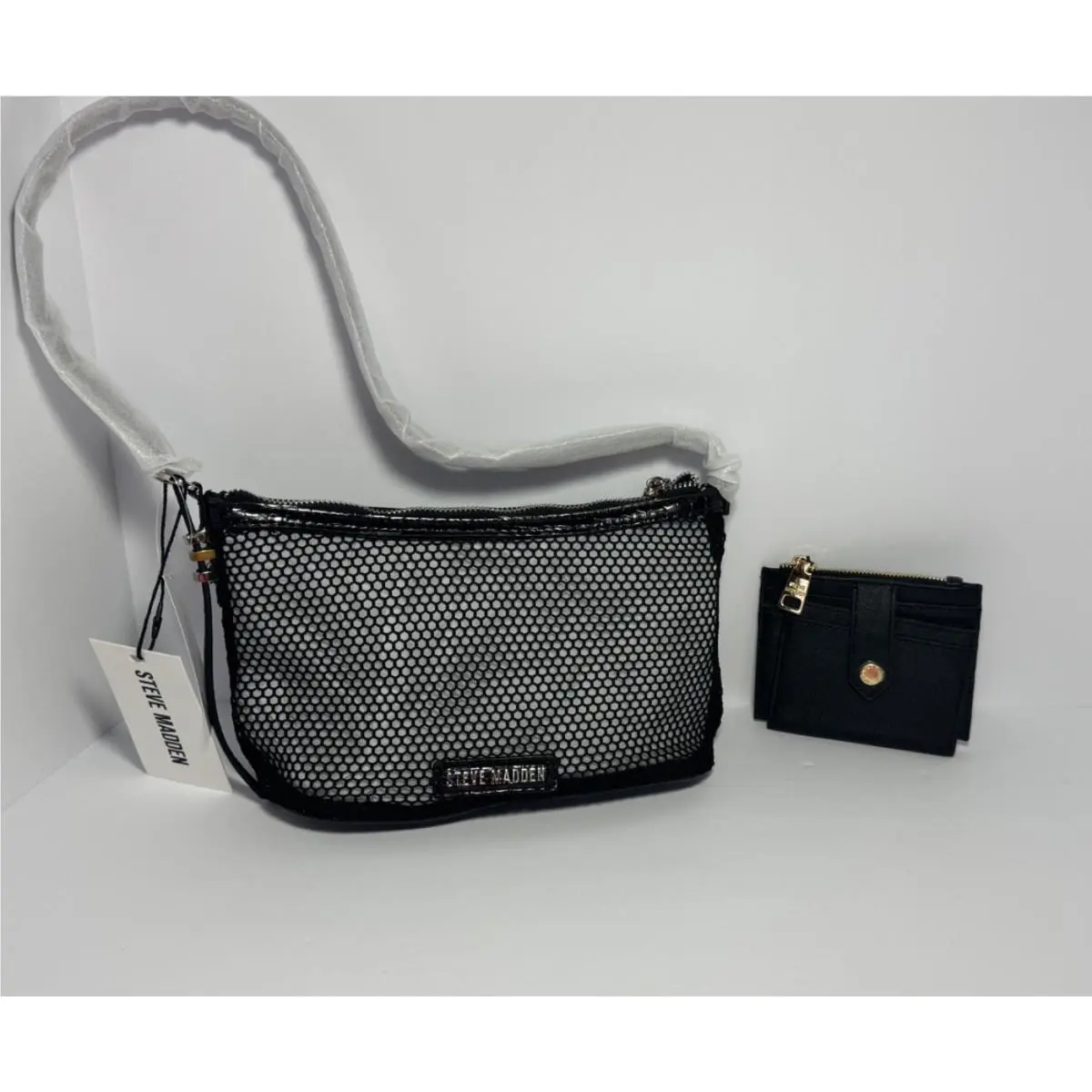 Steve Madden Bvixen Black Mesh Shoulder Bag Purse Bhayden Wallet Set