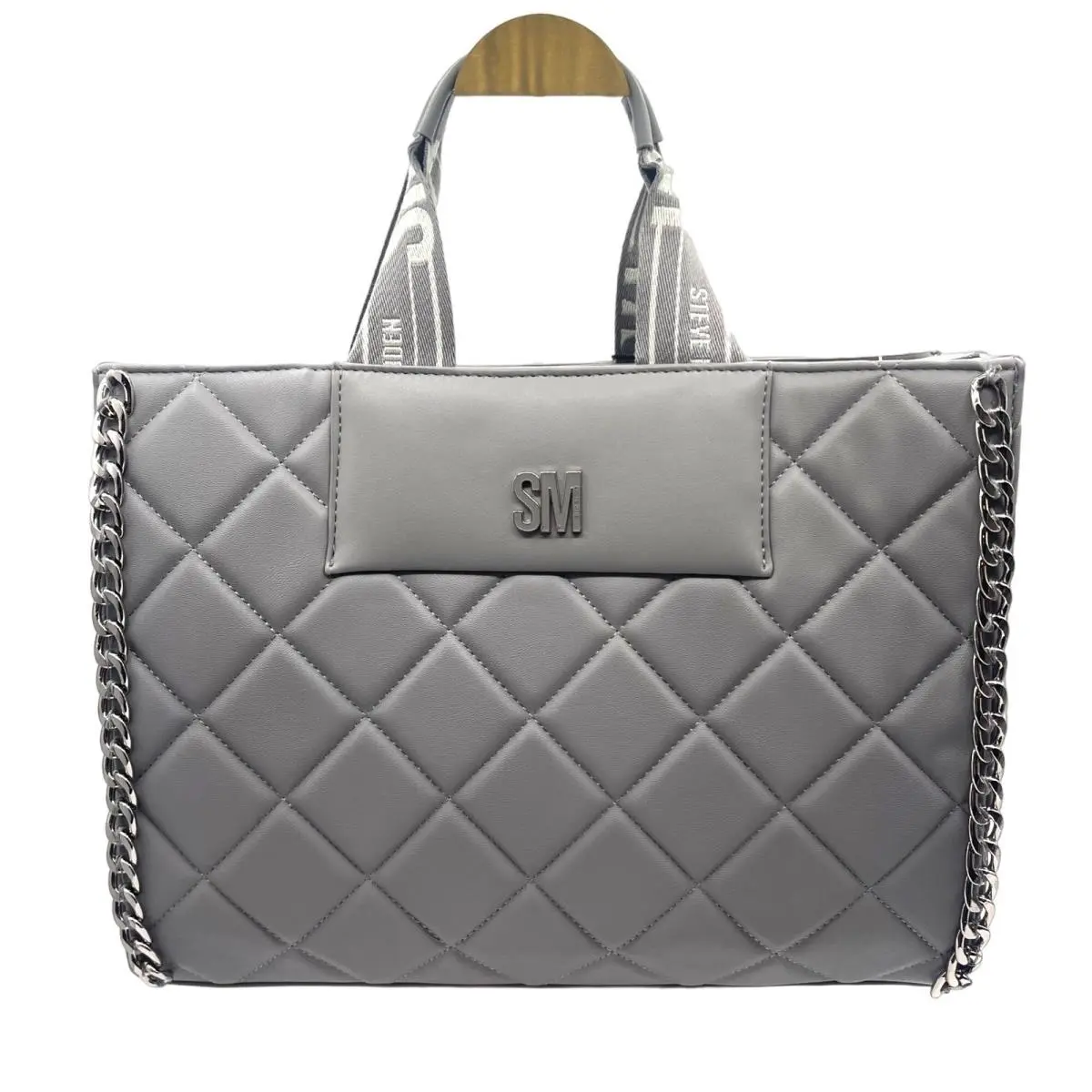Gray Leather Quilted Large Shoulder Bag Silver Chain Trim by Steve Madden
