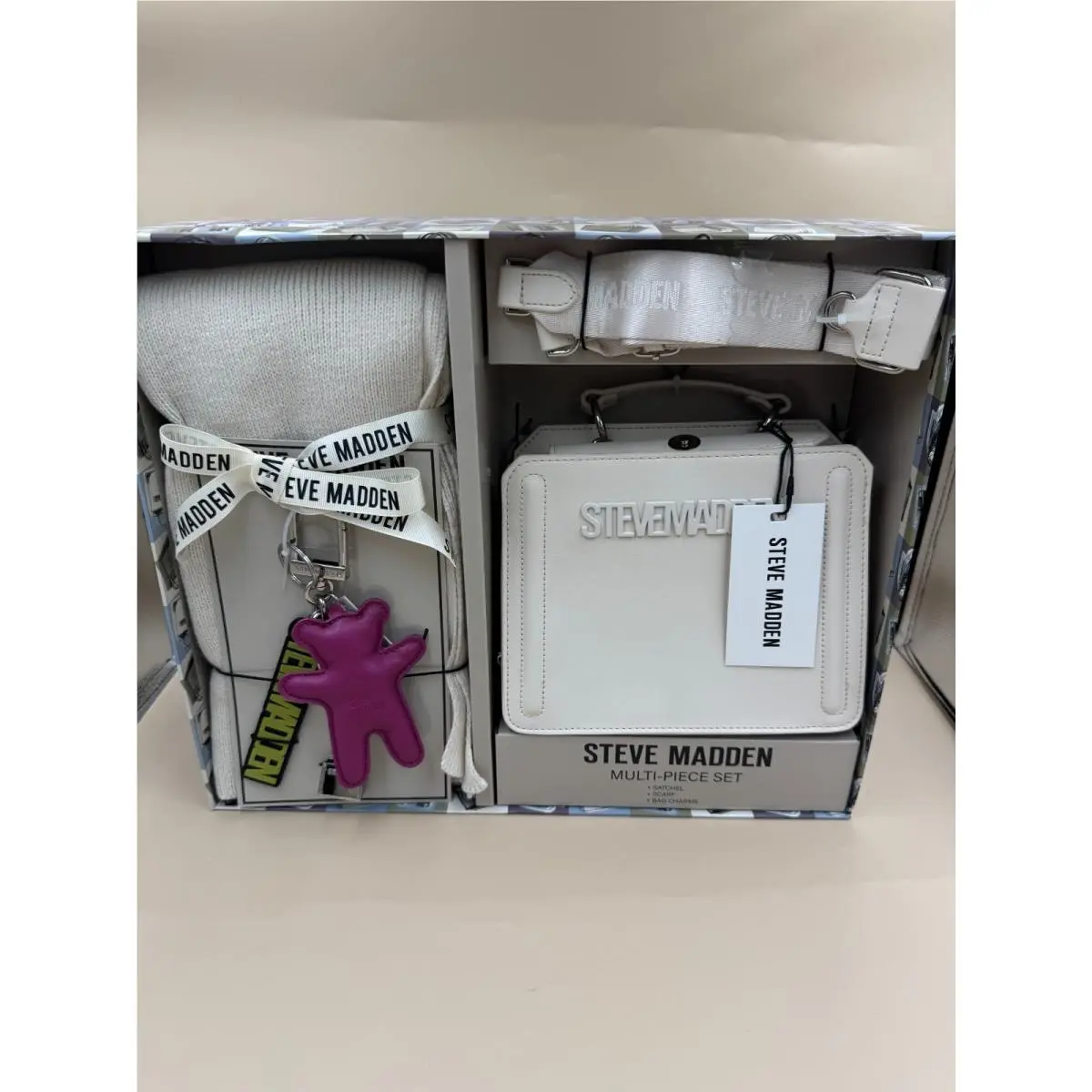 White Multi-piece Gift Set Satchel Scarf Charms M by Steve Madden