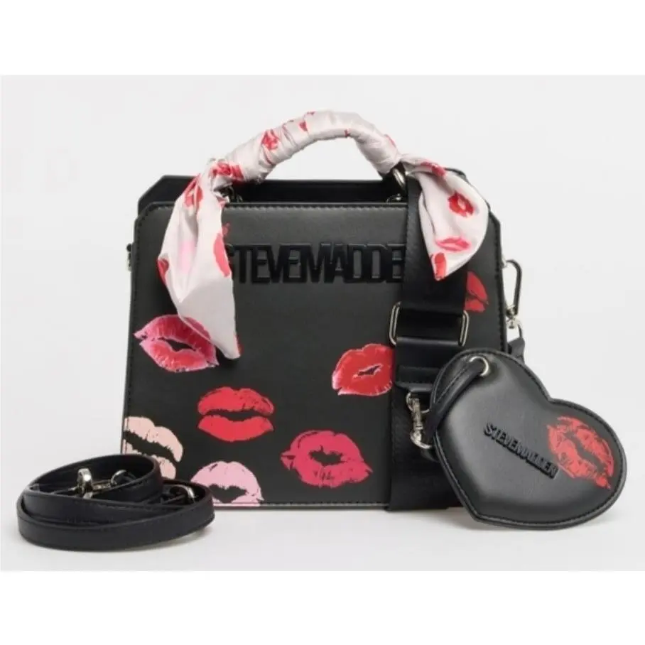 Bevelyn Satchel Crossbody Bag Black Lip Print Scarf Heart DT627025 by Steve Madden